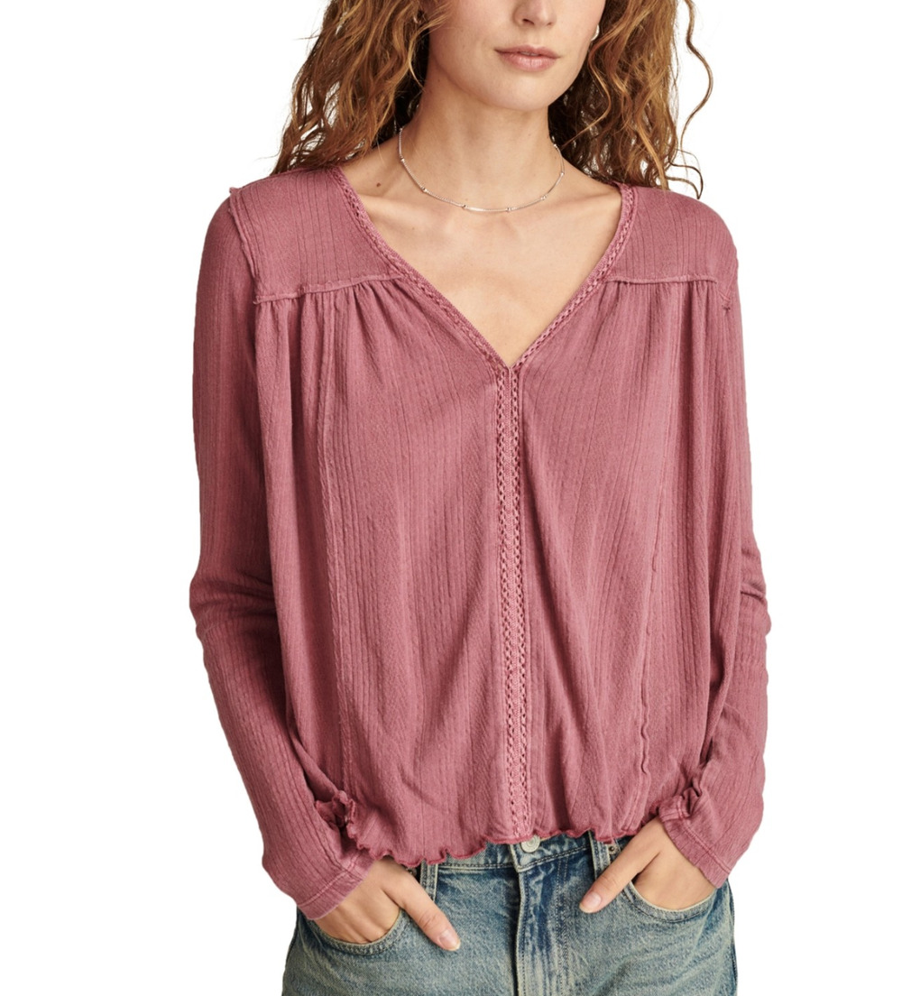Lucky Brand Women Ladder Trim Long Sleeve Tunic Top Violet Quartz Size L